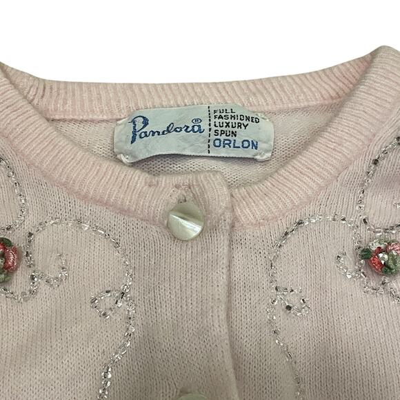 Rare 50's Pandora Orlon Pink Cardigan Sweater | Beads Floral Rhinestones Vintage - Picture 2 of 11